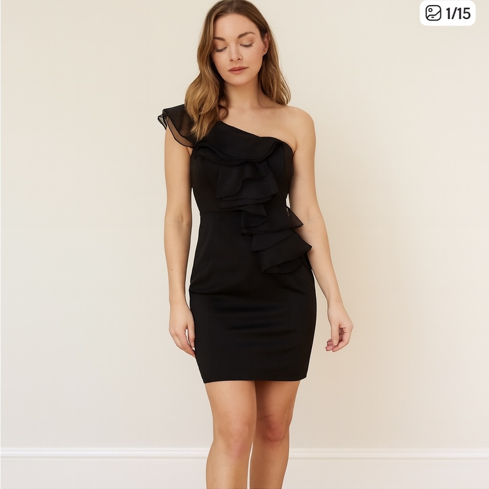 - Black one shoulder evening dress with Beautiful Shoulder Ruffles